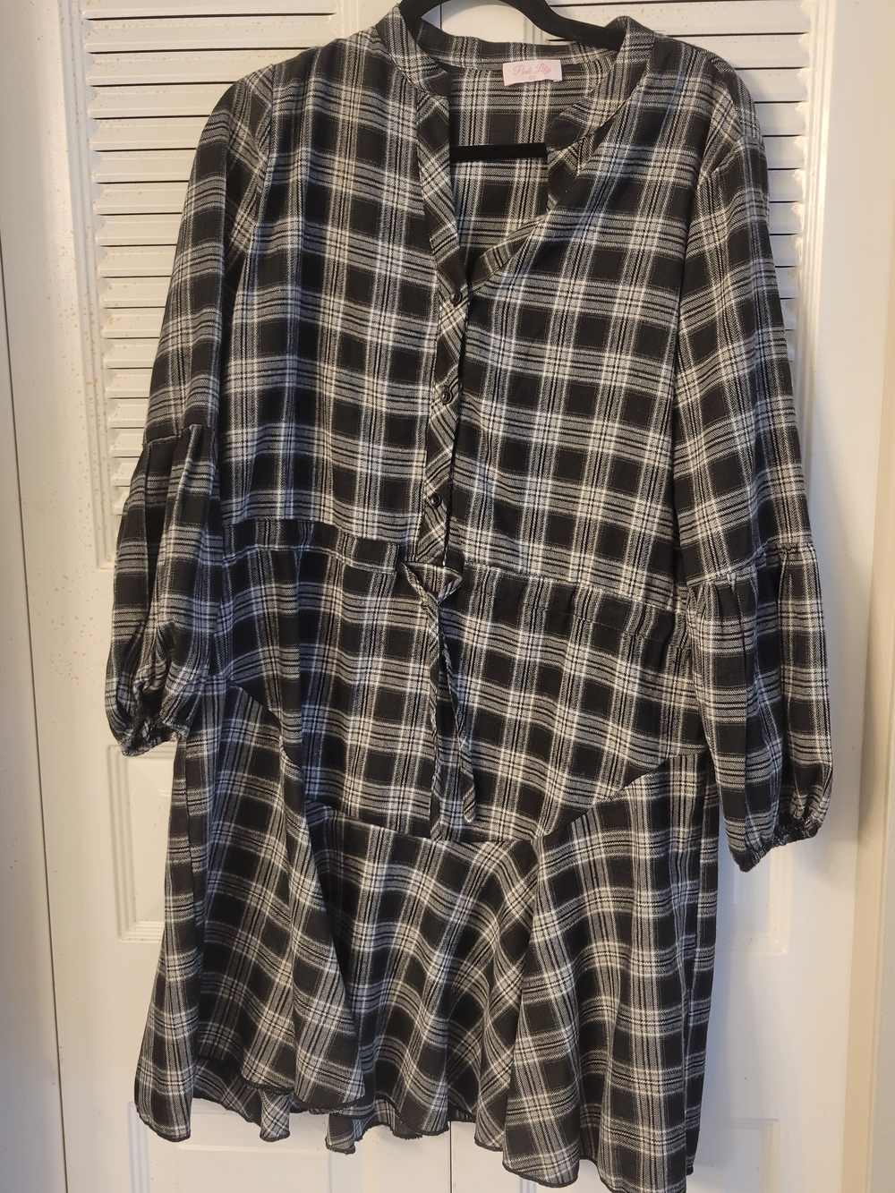 Pink Lily Black and White Plaid Button-Front Tiered Dress